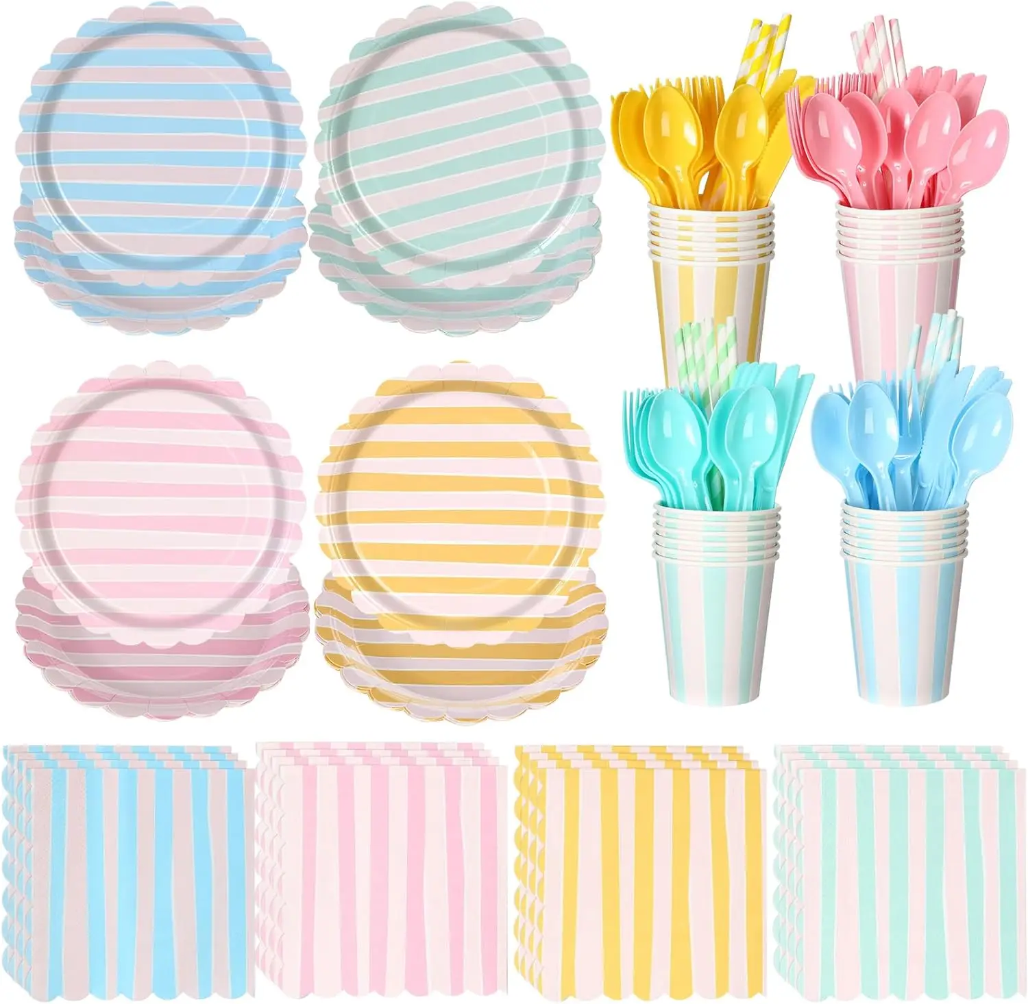 

220 Pcs 24 Guests Pastel Stripe Party Decoration Supplies, 7 and 9 Inch Pastel Disposable Paper Plate, Napkins Paper Cup