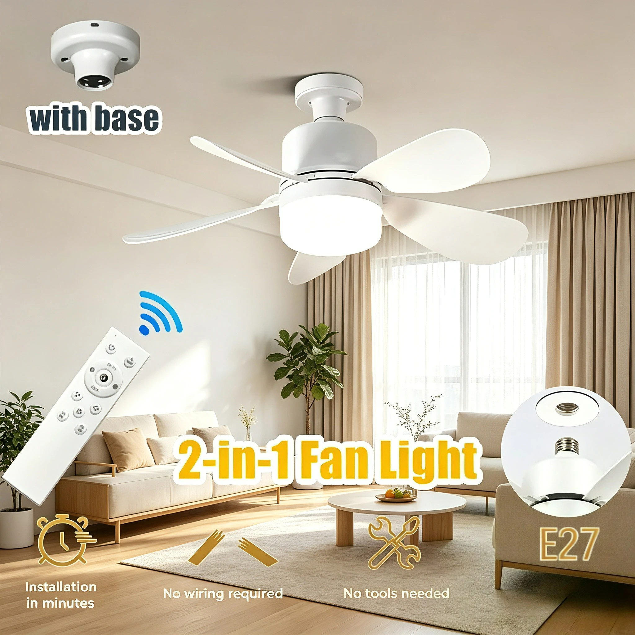 Ceiling Fan with Light With Remote 3 Speed Adjustable 3 Color Lights Timer Setting E27Ceiling Fan Lights Bedroom Kitchen Garage