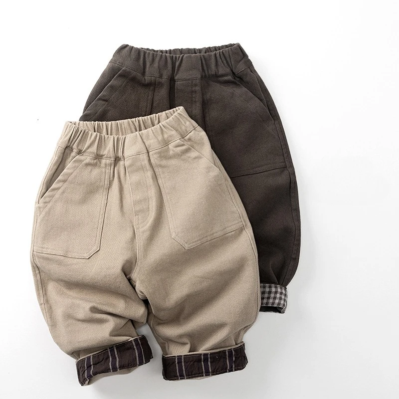 Winter Kids Pants 1-6T Simple Style Solid Color Boys Fleece Lining Trousers Girls Kids Warm Loose Pants Baby Outerwear Pants