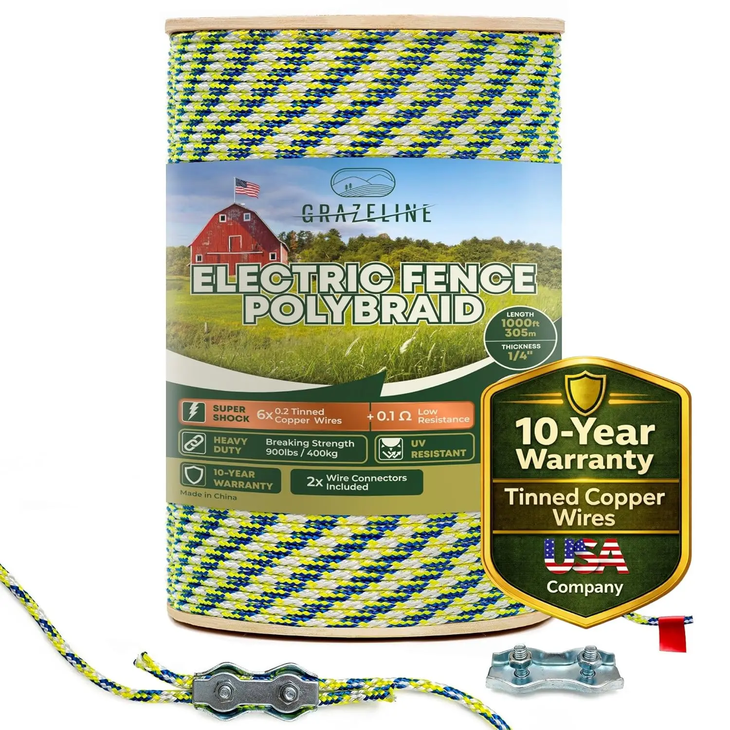 

Электрический заборный шнур Polybraid 1/4 дюйма, 1000 футов - Проволока из луженой меди для эффективного воздействия тока, сверхпрочная, устойчивая к УФ-излучению, для ограждений для лошадей