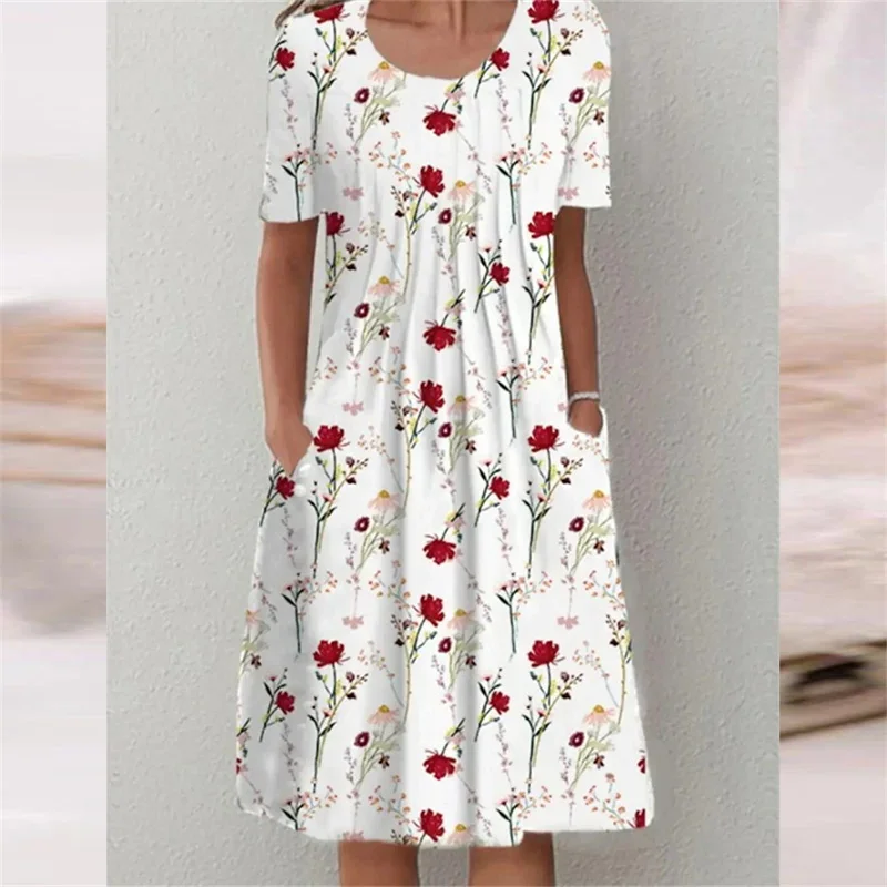 Sweet Style Botanical Flower Print Dresses Summer O Neck Pullover Side Double Pockets Dress Casual Commuter Female Pleated Gown