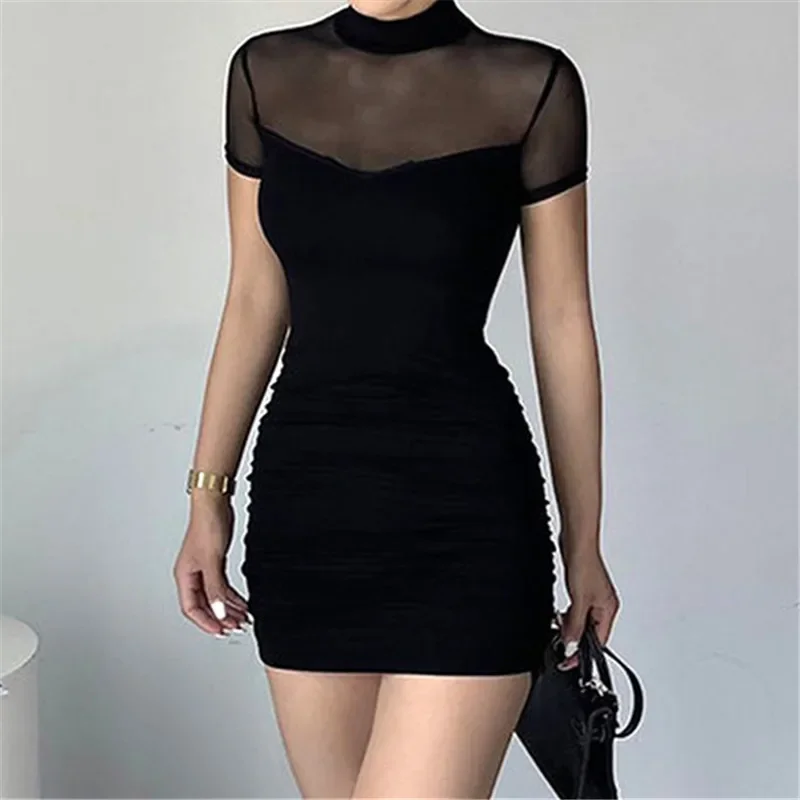 

2025 New Retro Dark Mesh Patchwork Short Sleeve Mini Dress Cyber Y2K Half High Collar Pleat Bodycon Dresses Women Slim Techwear
