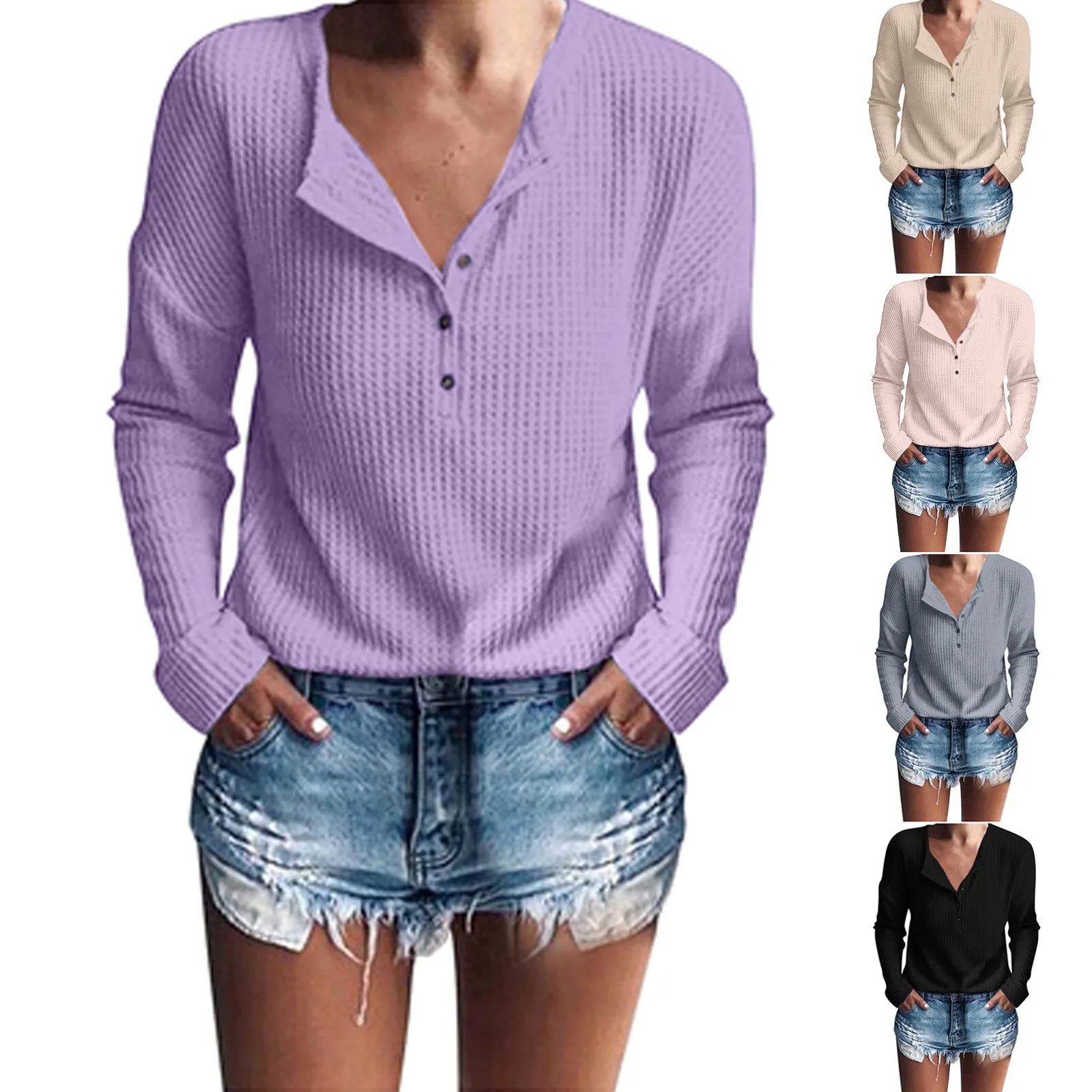 Women\'s Tops Waffle Knit Tunic Tops Loose Long Sleeve Button Up V Neck Henley Shirts