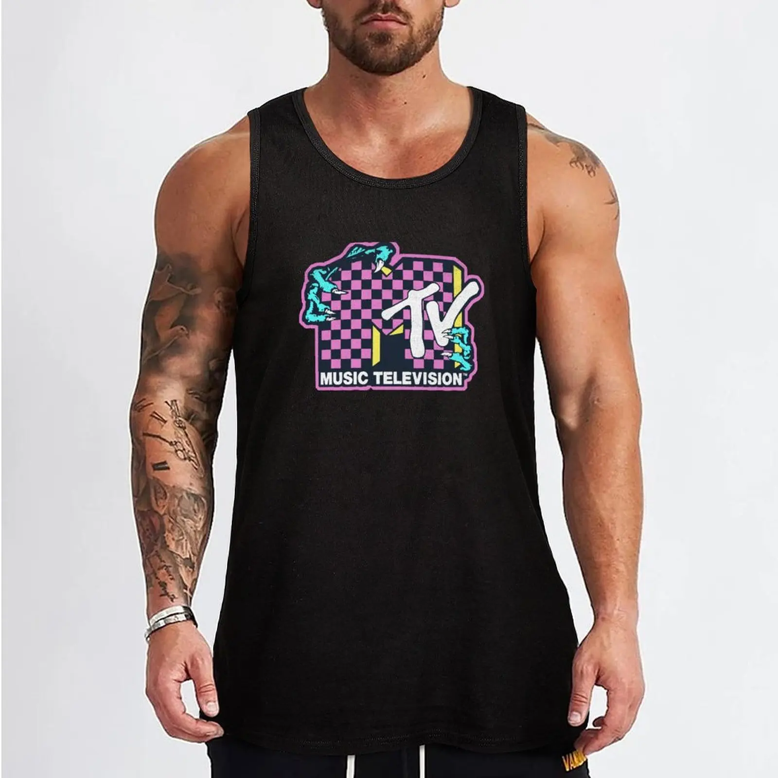 MTV Checkered Monster Hand Logo Tank Top sports vest sports suits Men's clothes Men's cotton t-shirt