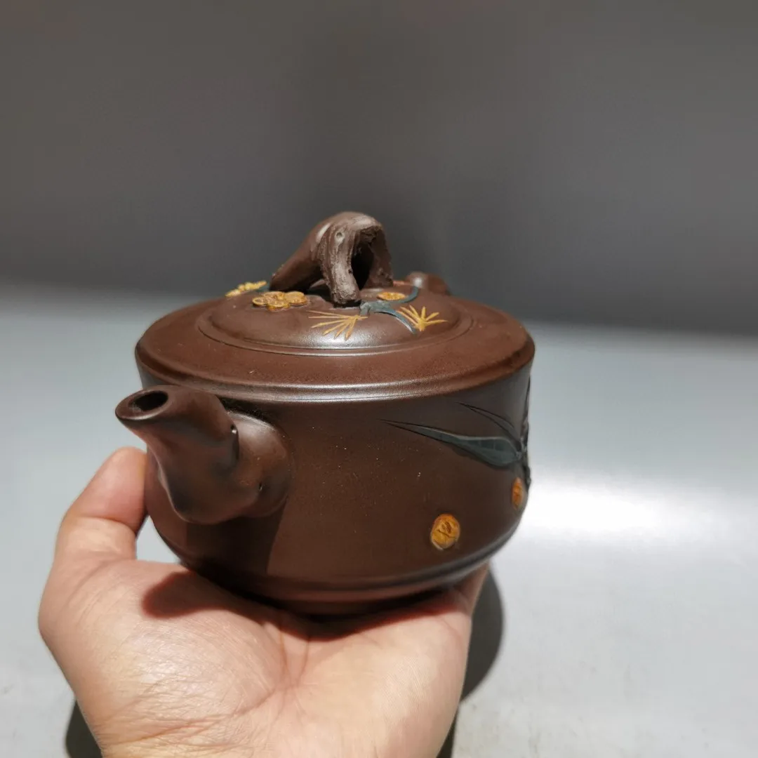 Chinese Antiques Yingxing Purple Clay Teapot Yuhua stone Pine needle Willow Leaf Pattern Tree Root Mouth Teapot Kettle Flagon