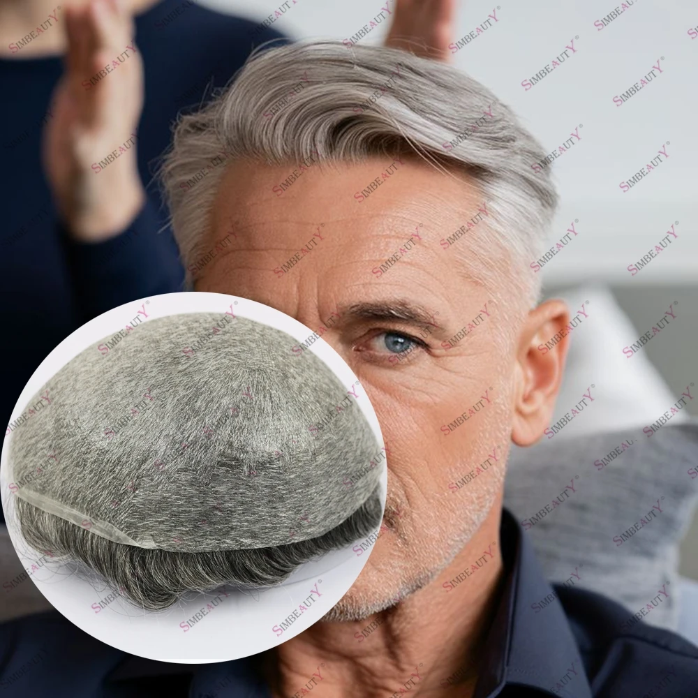 

1B80 350# Gray Human Hair Men's Toupee Ultra Thin PU Undetectable 0.02mm Skin Base Capillary Prosthesis HD Skin Natural Hairline