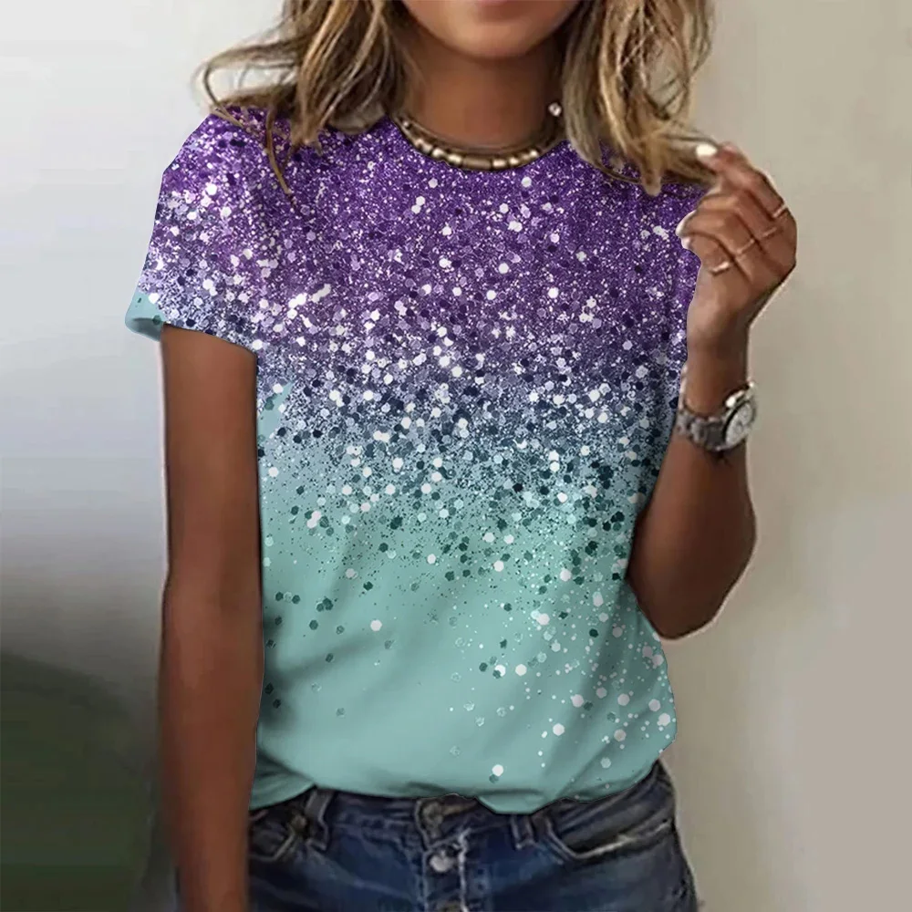 

Women's T-shirt Round Neck Fashionable Short Sleeved Colorful Pattern Printed Summer Loose Top Clothing Women's Party T-shirt