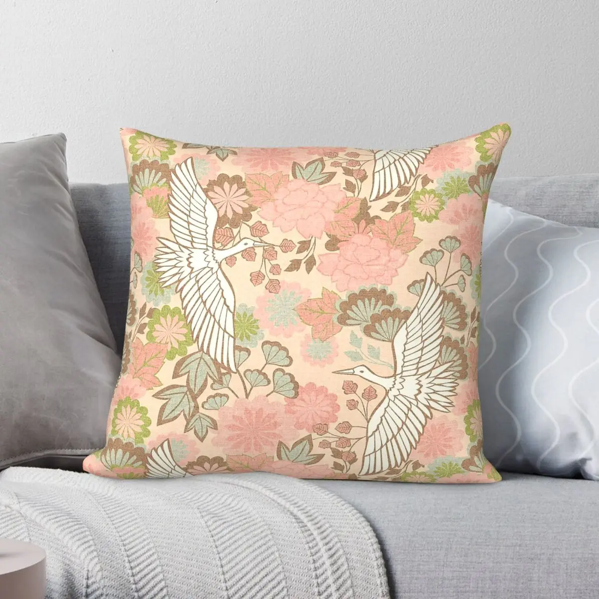 Cranes Chrysanthemums Spring Pinks Square Pillowcase Polyester Linen Velvet Printed Zip Decor Throw Pillow Sofa Cushion Case