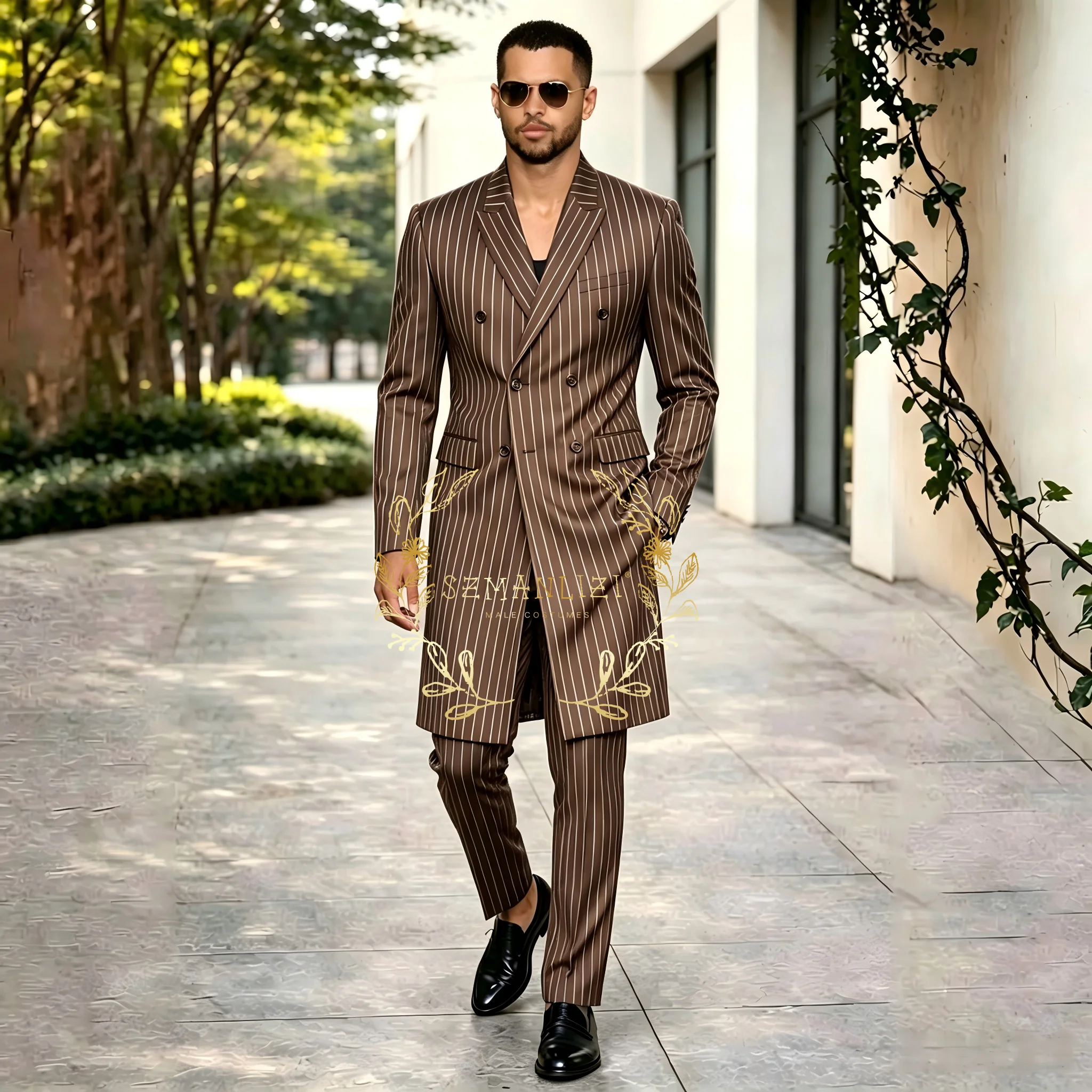 2026 Costume Homme Brown Striped Business Suits For Men Groom Tuxedos Wedding Terno Masculino Slim Fit 2PCS (Long Blazer+Pant)