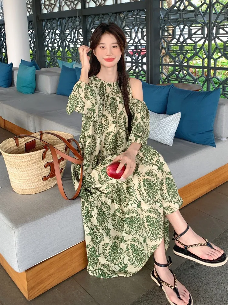 플러스 사이즈 여성을 위한 레이드바 플로럴 프린트 오프숄더 드레스 플러스 사이즈 여름 루즈핏 배 커버 슬리밍 롱 스커트