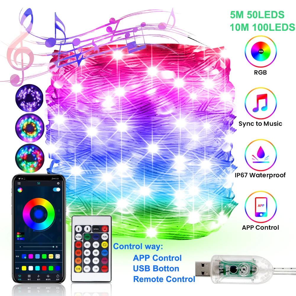 

LED Fairy String Light Remote Bluetooth APP USB Control Smart RGB Garland Lamp Festoon Led Outdoor Indoor Party Christmas Lights