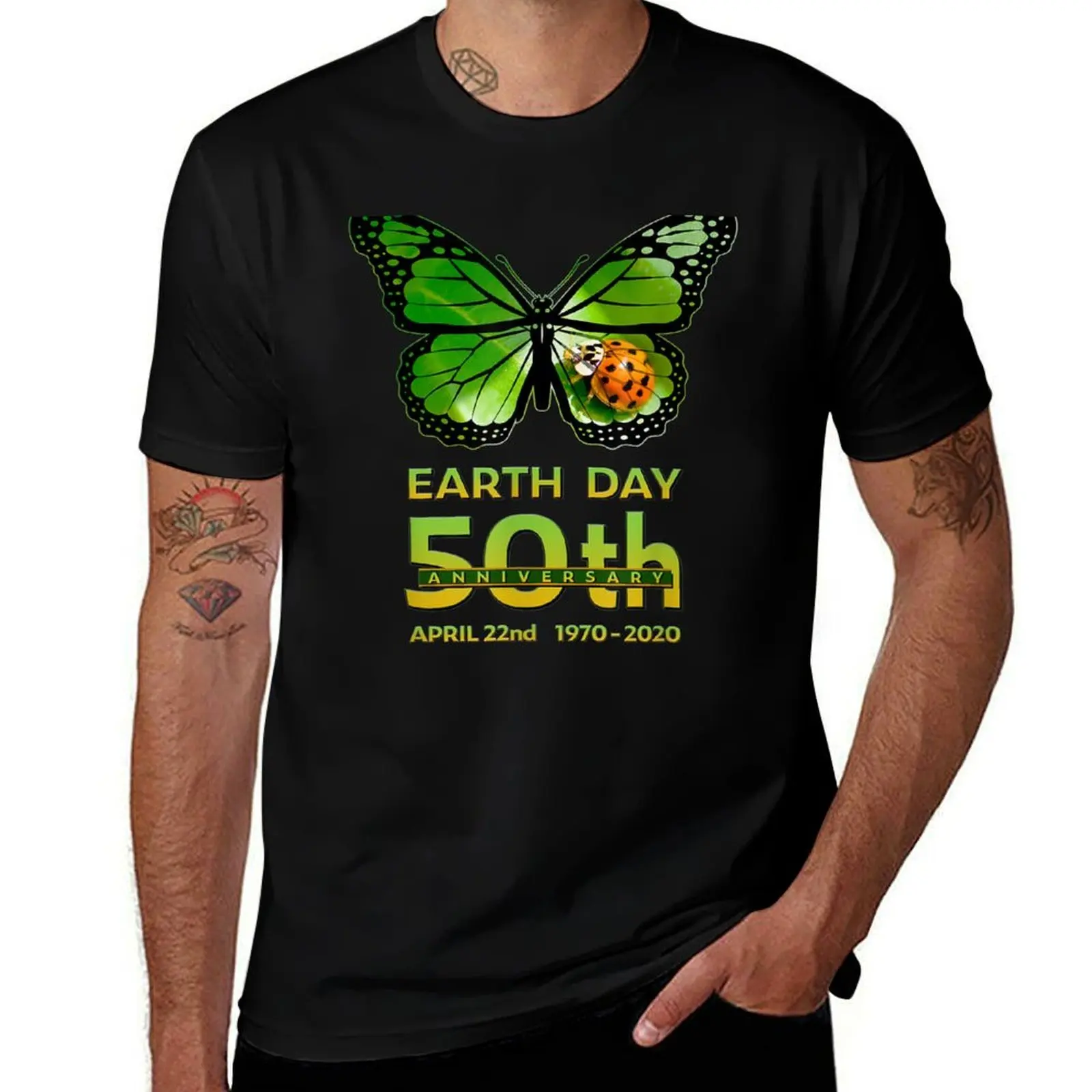 

Earth Day 50th Anniversary Butterfly and Ladybug Silhouette T-Shirt Basic Casual Short Sleeve Cotton Shirt