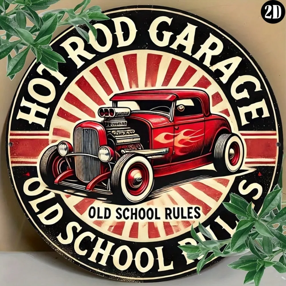 Vintage-Style Hot Rod Garage Metal Sign - Round, Premium, Mechanic On Duty Decor--Customized, Festival Statue Decorations