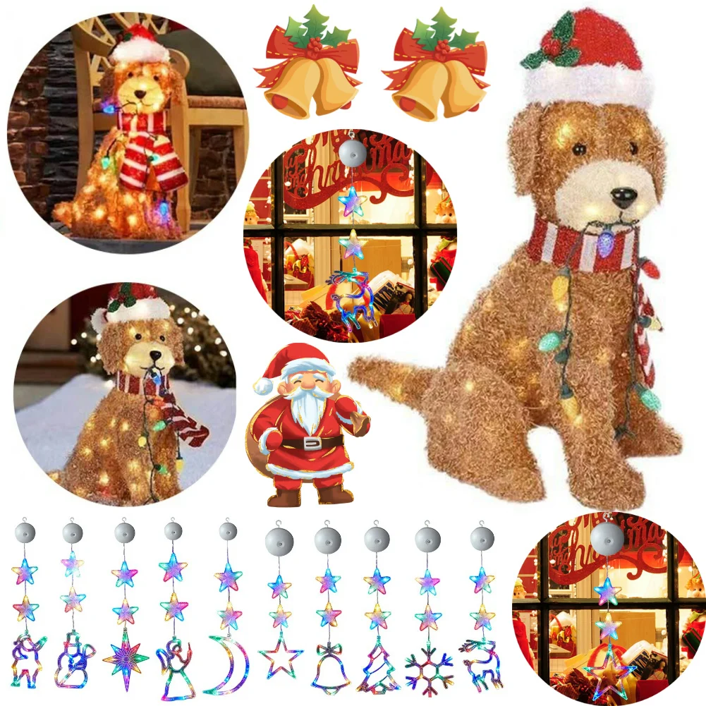 Christmas Mimic Dog Shape Sign Waterproof LED Bright Lights Goldendoodle Wearing Xmas Hat for Home Garden Front Pathway Walkway