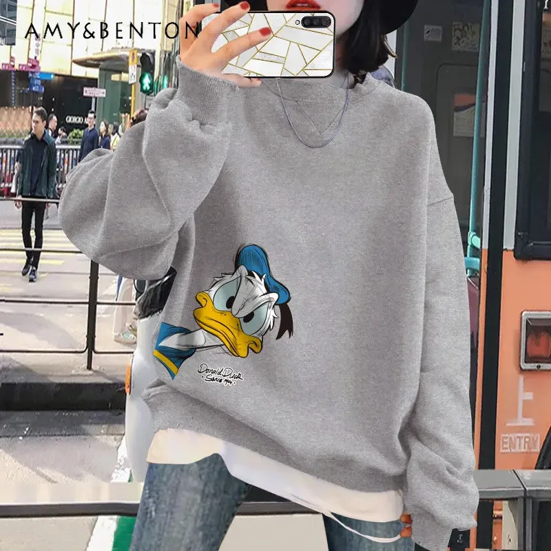 Women\'s Fake Two Pieces Sweatshirts Fleece-Lined Thick Pullover Loose Fashion Splicing Coat Autumn And Winter Clothes