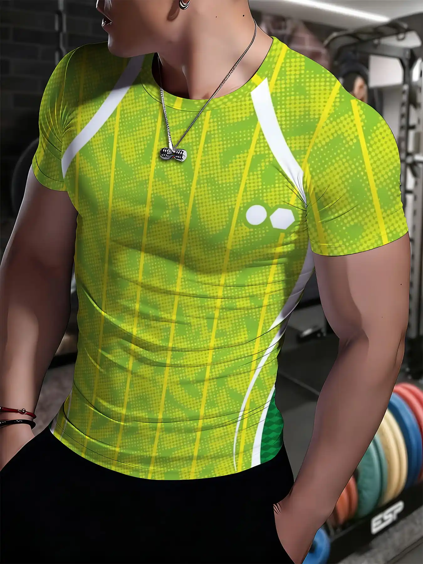 Men Sports Short Sleeve T-Shirt Quick Dry High Elastic Green Vertical Stripe Print Breathable Slim Fit Training Top