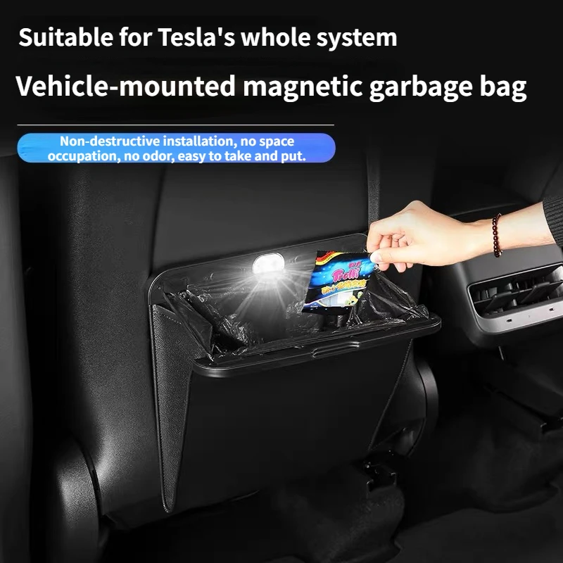 

For Tesla Model 3/Y Car Garbage Bag Leak-proof Magnetic Adsorption Back Seat Hanging Trash Can With LED Light Interior Accessory