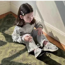 Girls Versatile Set 2025 Spring New Children Korean Bow Pullover Hoodie Wide Leg Pant Two Piece Set
