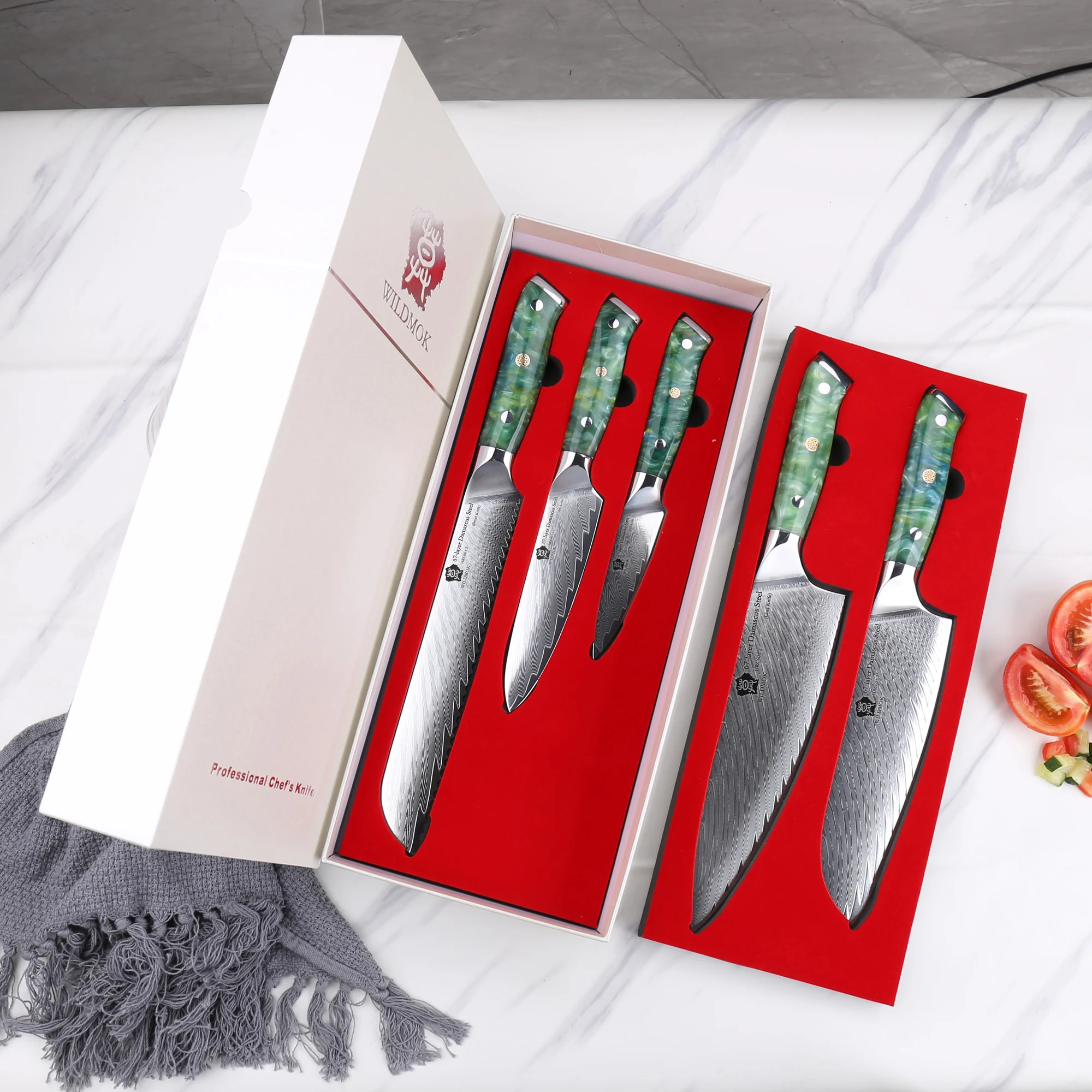 WILDMOK Damascus Chef Knife Set 5 pcs, Premium Japanese Damascus VG10 Steel Knife Set for Kitchen with Full Tang Resin Handle