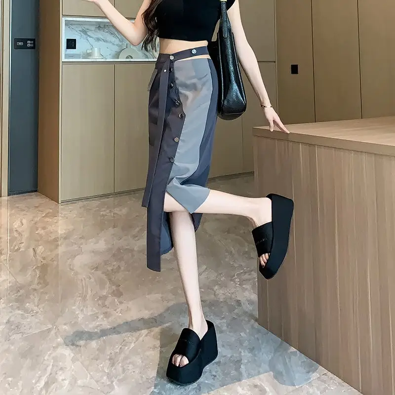 

Юбка-трапеция миди с высокой талией для женщин, весна-осень, новая повседневная утягивающая асимметричная юбка с разрезом, корейский Sle