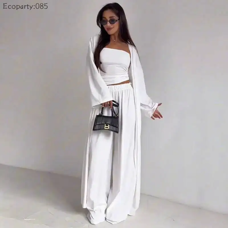Conjunto de Ropa Casual de Verano para Mujer, 3 Piezas, Chaleco sin Tirantes, Cárdigan Largo, Pantalones Anchos, Traje Elegante para Oficina