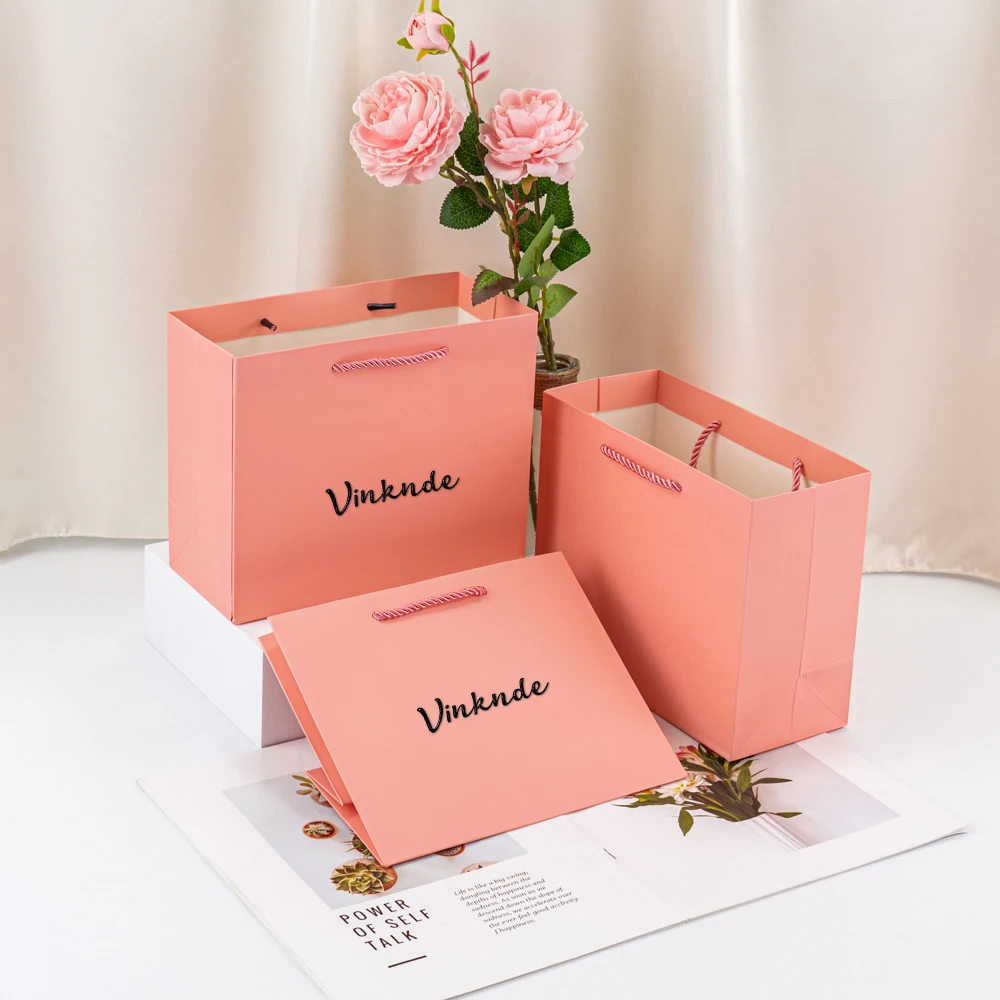 

Wholesale Kraft Paper Gift Pink Bags With Handles Birthday Present Gift Bag Shopping Bags Travel Cosmetic Storage Packageing Bag