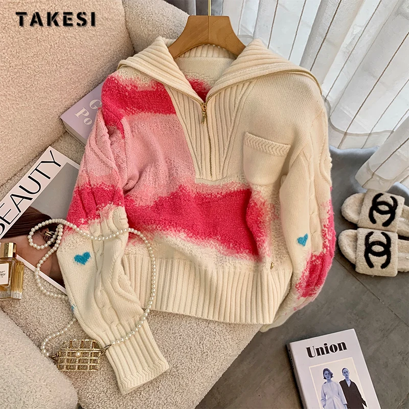 Korean Fashion Casual Y2K Tie Dye Knitting Long Sleeve Pullovers 2023 Autumn Winter Women Loose Half-turtleneck Zipper Sweater