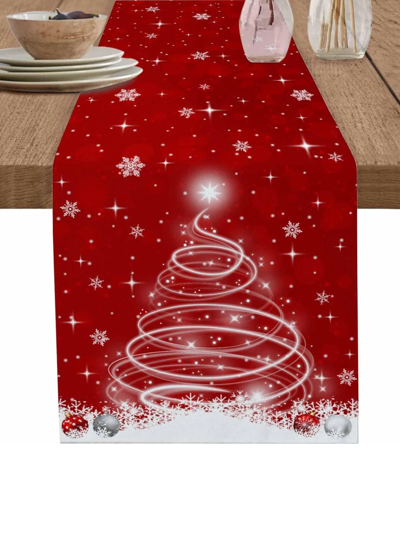 Christmas Table Runner Linen Red Balls Snowflake Xmas Tree Tablerunner for Banquet Party Merry Christmas Home Decoration