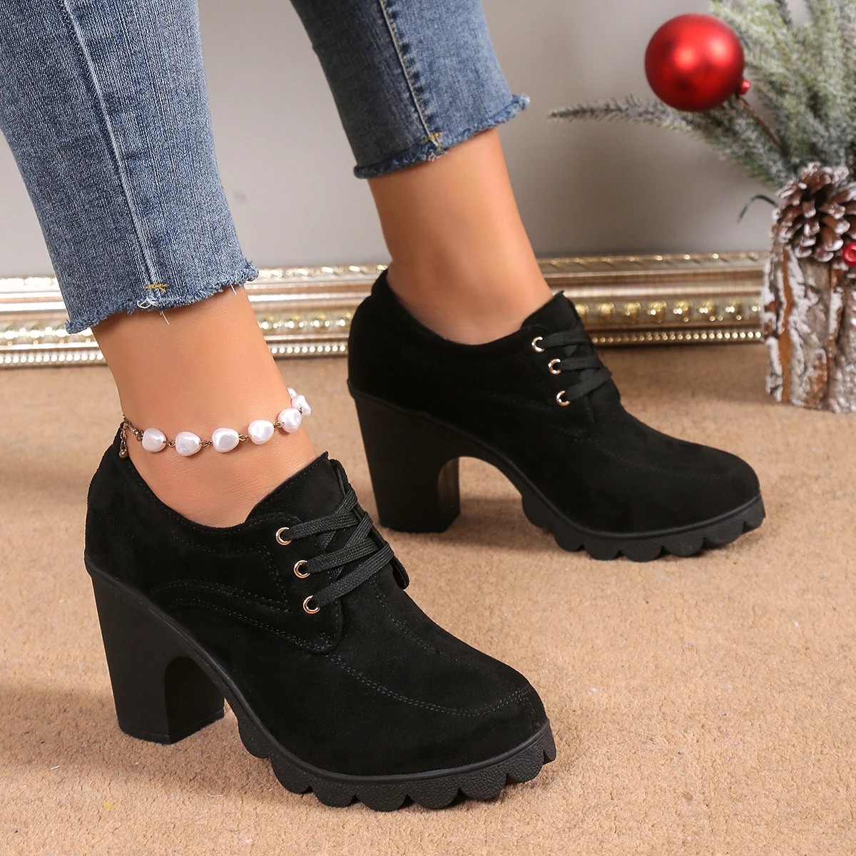 Ankle Square Heel Modern Boots Autumn Adult 2024 Hot Sale Shoes Female Lace-up Round Toe Pu Mid Heel Fashion Women\'s Boots