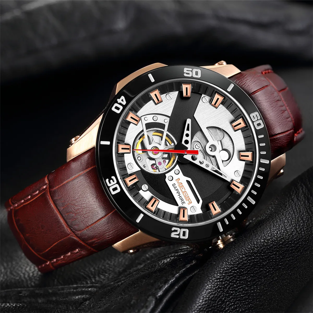 MEGIR Fashion Leather Watches for Men Sapphire Stainless Steel Automatic Mechanical Watch Sports Clock Montre Homme 62069