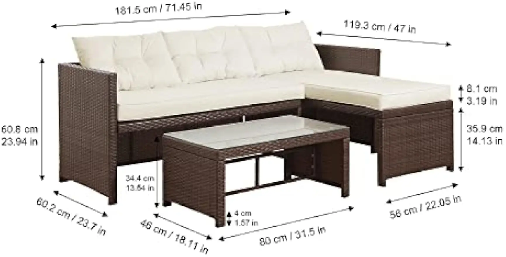 Patio Outdoor 3 Piece PE Wicker Sectional Conversation Sofa Set with Washable Cushions, Tempered Glass Tabletop for Garden