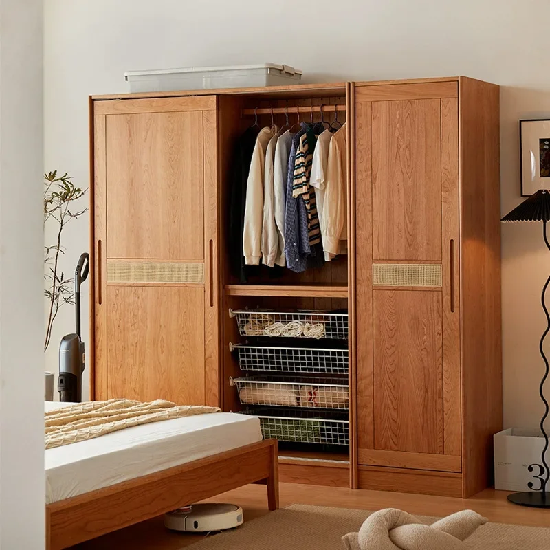 Nordic cherry wood bedroom wardrobe household small apartment sliding door wall wardrobe modern simple log locker