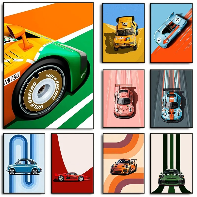 Vintage Colourful Racing Car Poster Abstract Classic Automotive Aesthetic Canvas Painting Wall Art for Garage Room Home Decor