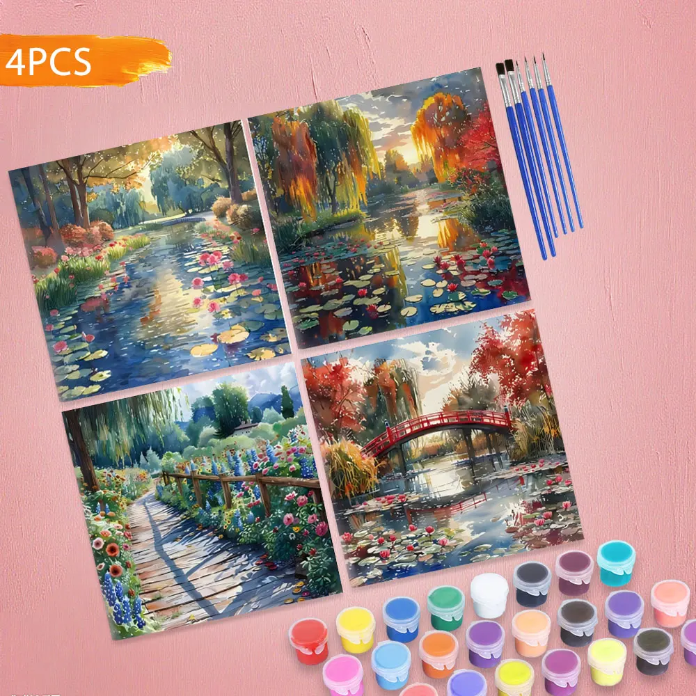 

HUACAN 4PCS Paint By Number Canvas Nature Garden Landscape Lotus Painting Kits Drawing On Flower Gift Home Decor