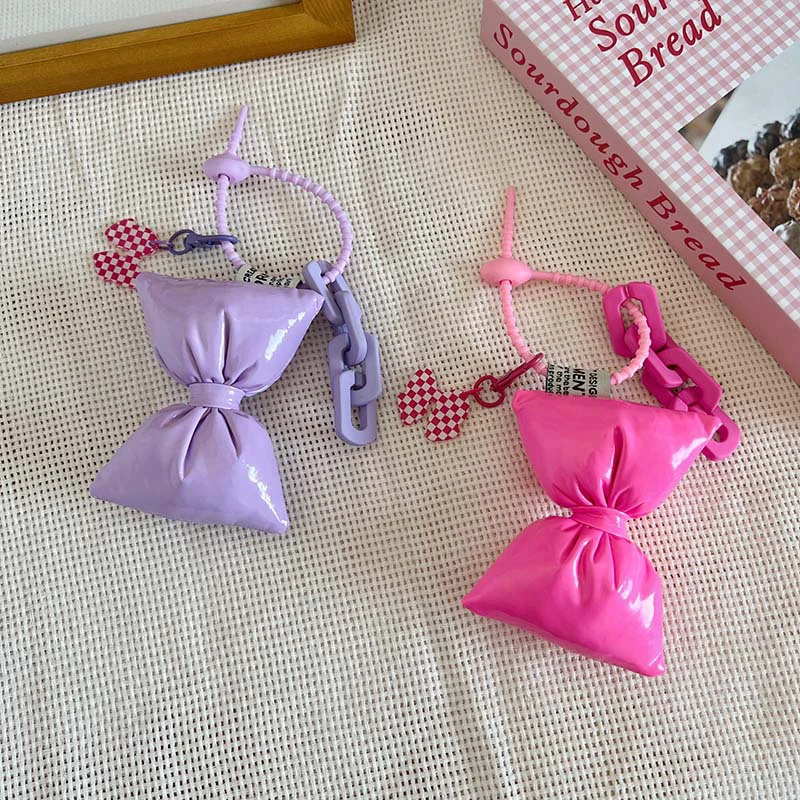 Couro Algodão Cheio Bow Keychain Pendant, Sweet Bowknot Keyring, Moda Versátil, Mochila Acessórios Decoração