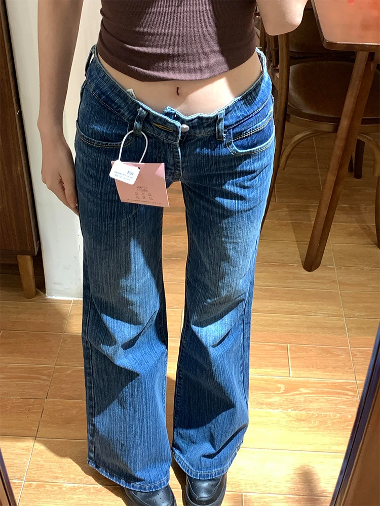 กางเกงยีนส์ทรงขากว้างเอวต่ำสไตล์อเมริกันสำหรับผู้หญิง ฤดูใบไม้ร่วง ฤดูหนาว รุ่นใหม่ ใยไผ่ ช่วยให้ดูผอม ทรงยาวคลุมเท้า