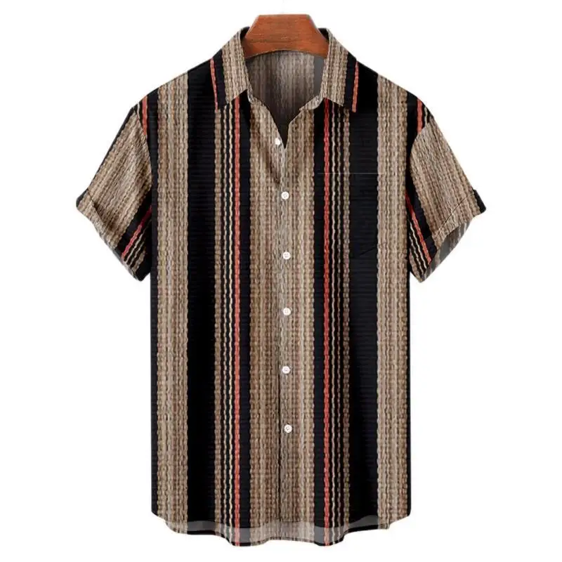 Hawaiian Men's Striped Shirts For Blouse Men Camisa Social Short Sleeve Casual Top Oversized Gym Clothing Fashion Male Vintage