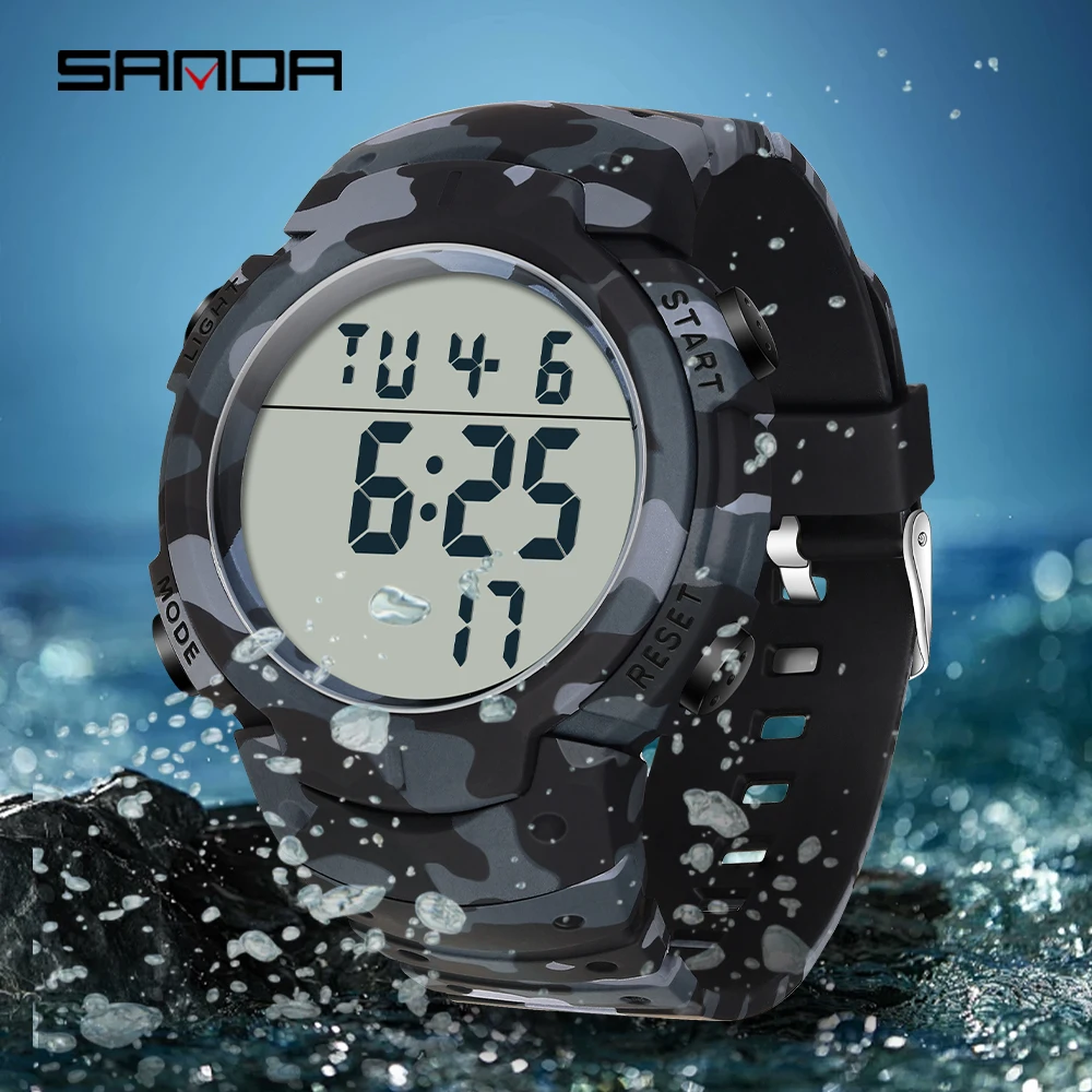 SANDA جديد 2182 ساعة إلكترونية بشاشة واحدة للرجال سلسلة كامو متعددة الوظائف موضة كول مقاوم للماء ساعة رجالي إلكترونية