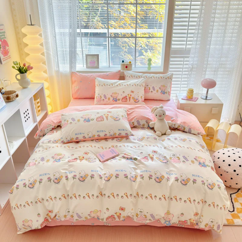 Cartoon Bunny Dessert Duvet Cover Cotton 3pcs Bedding Set Ice Cream Floral Quilt Cover Reversible Comforter Cover 2 Pillowcases