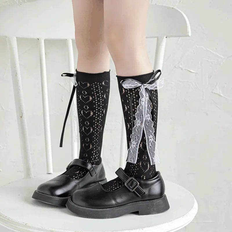 

Носки в стиле Лолиты с кружевом и бантом для девочек, черные детские носки принцессы с полым сердечком, летние детские сетчатые длинные чулки, детская обувь для детей 3-8 лет