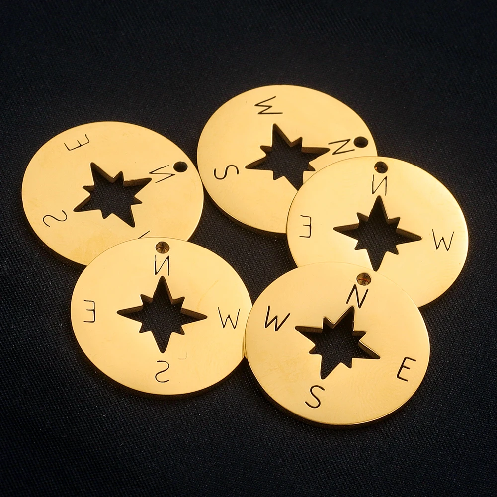 5pcs Stainless Steel Gold Plated Compass Pendant Round for DIY Necklace Bracelet Material Charms for Jewelry Making Wholesale