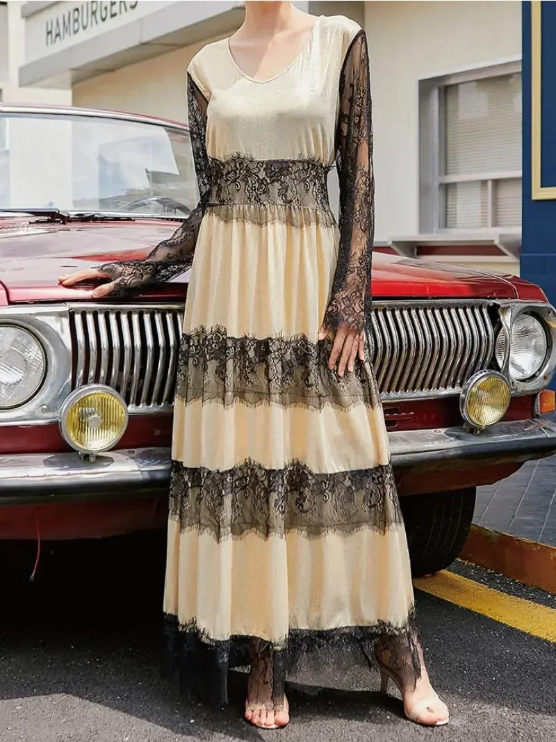 Women Long Skirt Mesh Lace Patchwork European and American Style High Waisted Long Sleeved Dress