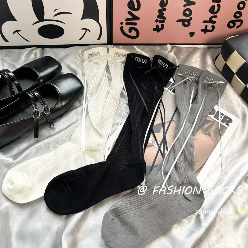 Summer New Calf Socks Thin Bow Streamer Lolita Rhinestone Letter High-end Light Luxury Foreign Fashion Socks