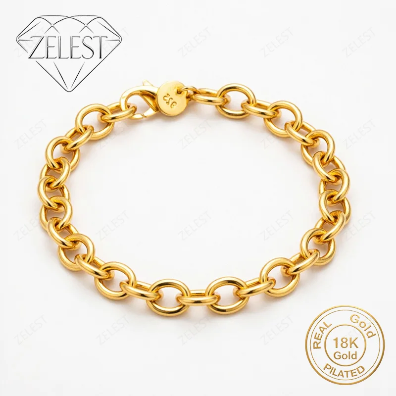 925 Sterling Silver 18K Gold Plated 8 Inch Exquisite Circle Cuban Bracelet Women's Fashion Wedding Party Jewelry