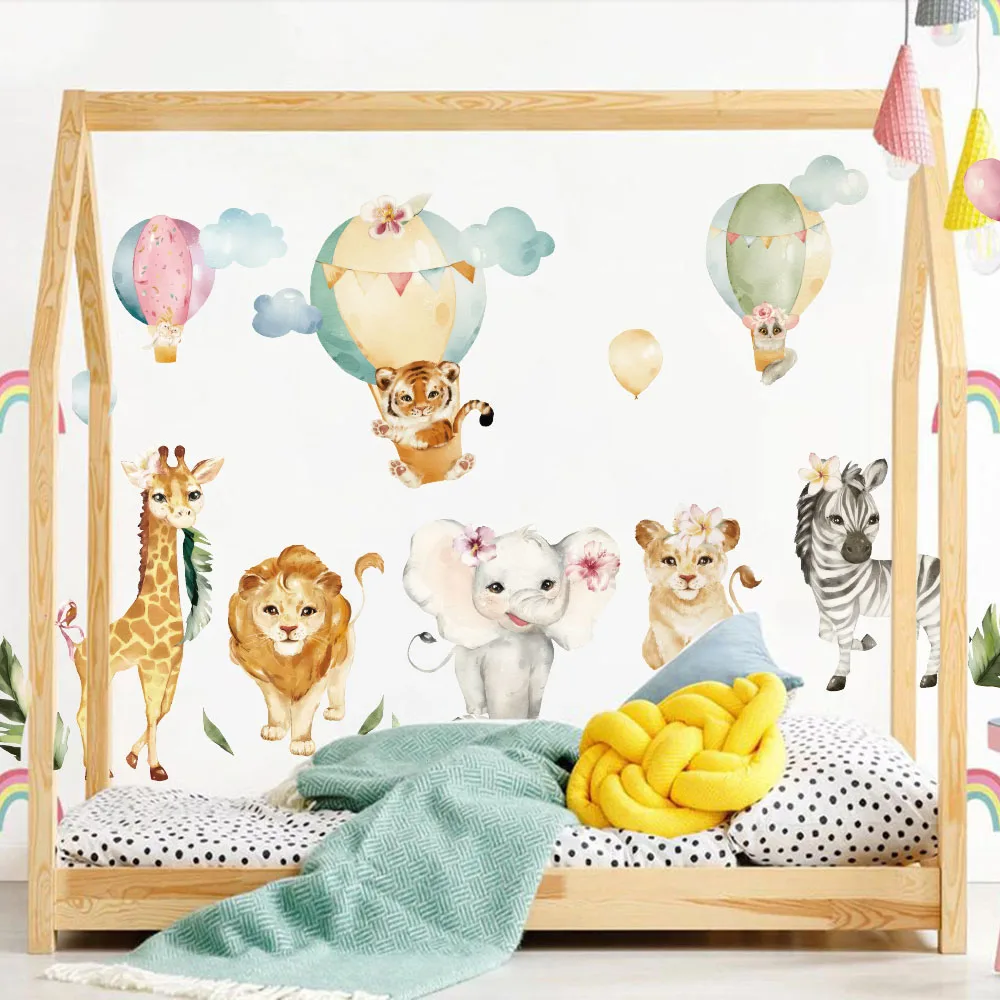 Watercolour Safari Balloon Animal Wall Sticker Children Kids Room Giraffe Lion Elephant Zebra Woodland Wall Decal Playroom Decor