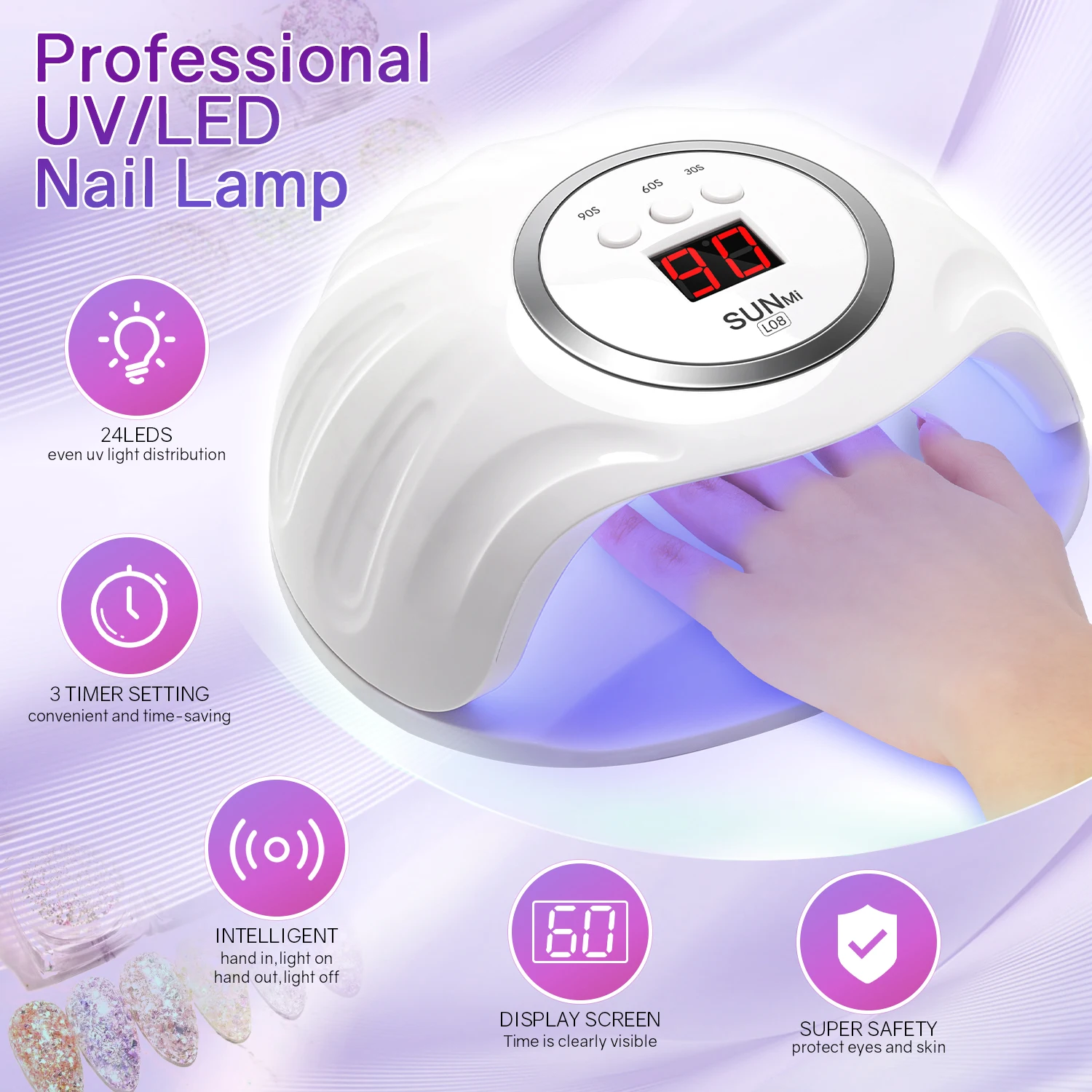 Professionelle UV-LED-Nagellampe für Nägel, Gelpolitur, 72 W, schnell aushärtender Trockner, Trocknungslichtlampen mit 24 LEDs, 3 Timer-Einstellungen