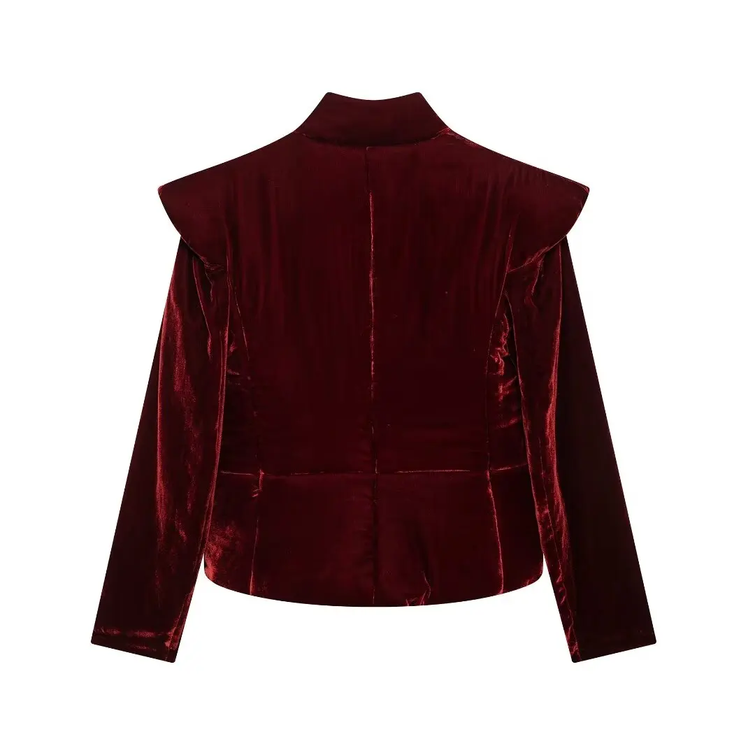 Vintage vrouw bordeaux fluwelen jasje revers elegante casual lange mouw jas 2024 dames vrouwelijke herfst high street warme uitloper