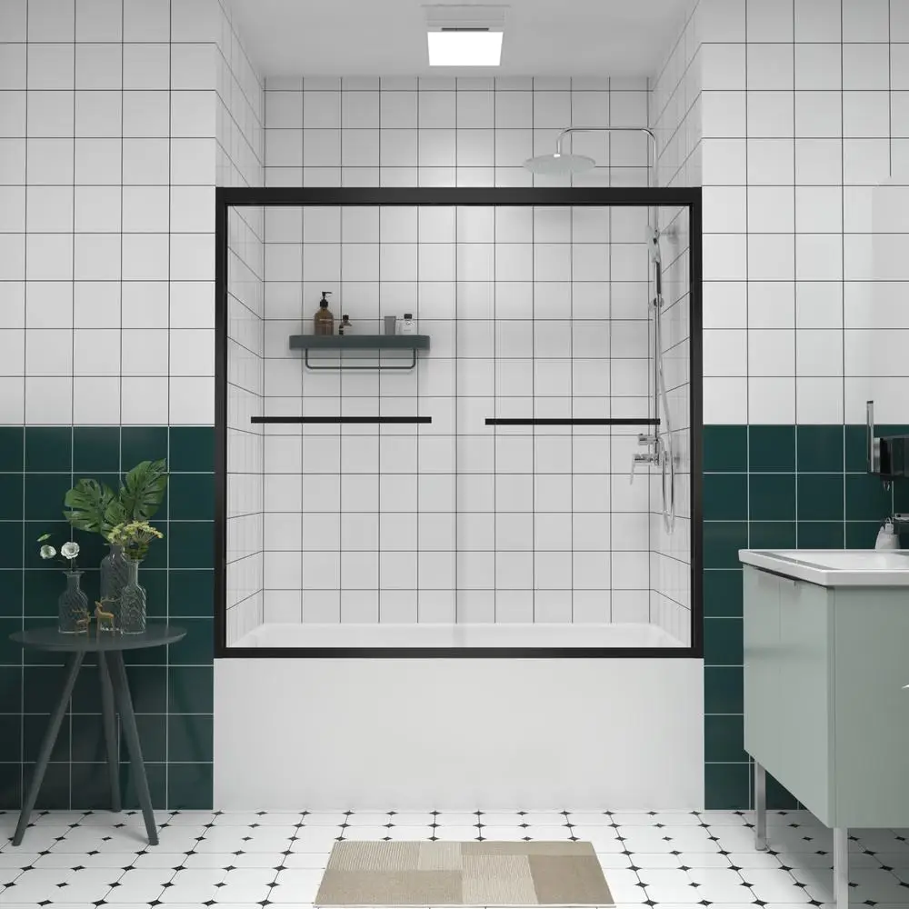 

56-60"x58" Aluminum Frame Sliding Shower Door with 1/4" Tempered Glass Double Handle Black Hardware Waterproof Design