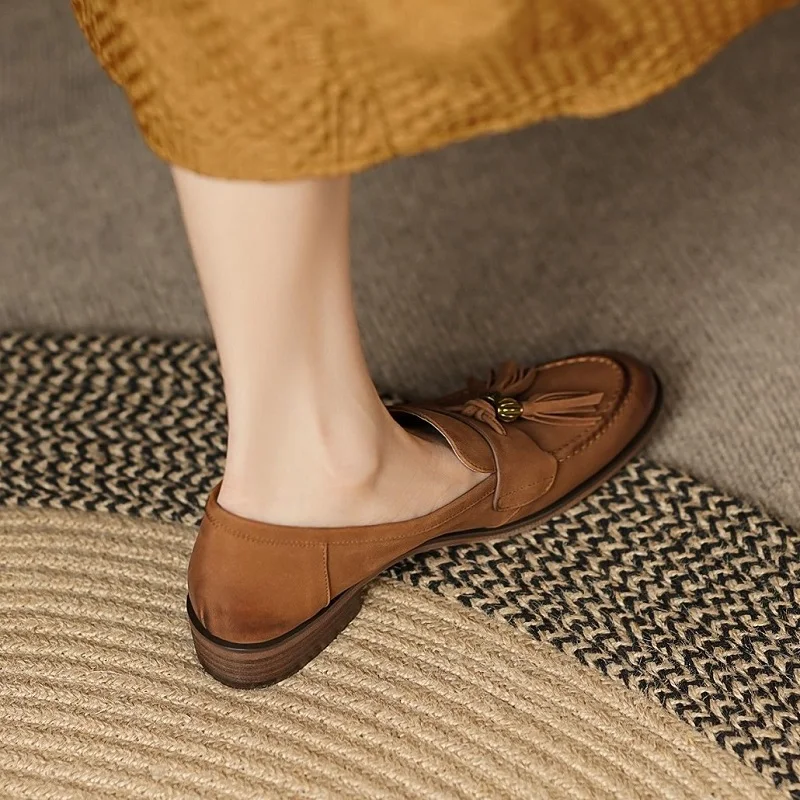 Women Flats Spring Autumn Slip On Sheepskin Real Leather Vintage Flat Shoes Round Toe Basic Loafers With Flat Heel Retro Style