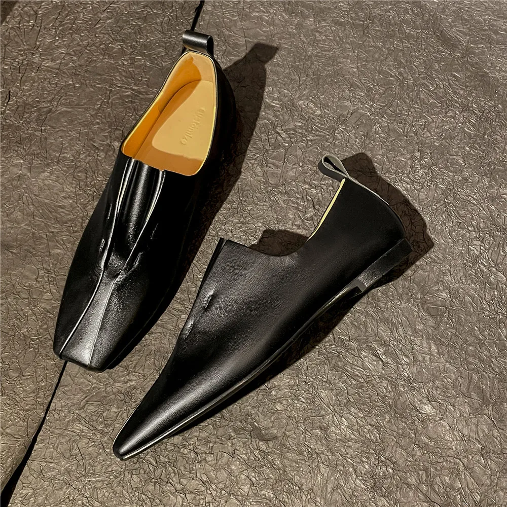 Aucegi Spring Summer New Style Flat Bottom Square Toe Pleated Women Soft Genuine Leather Manual Made Daily Life Shoes Black